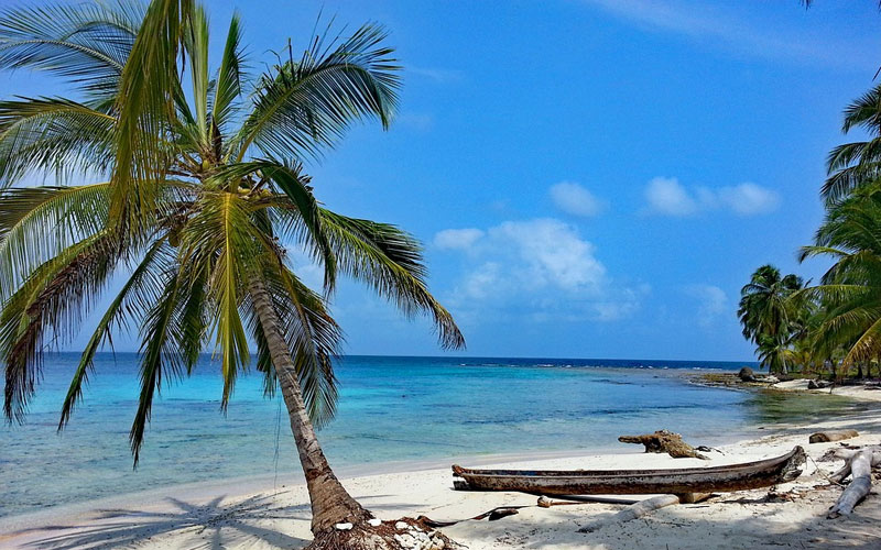 Isla Diablo San Blas, praia com coqueiro e barco. 